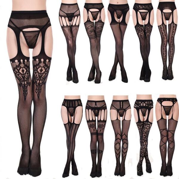 

2018 hollow out tights lace stockings female thigh high fishnet embroidery transparent pantyhose women black hosiery, Black;white