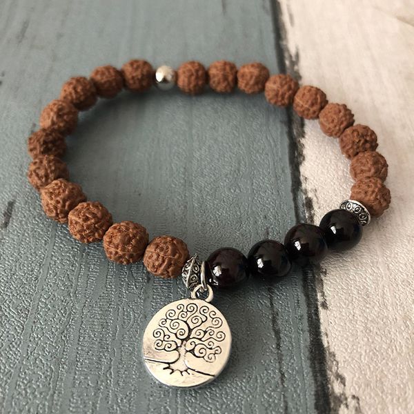 

gift for her mala yoga meditation spriritual balance bracelet rudraksha seeds garnet tree of life beaded woman bracelet, Golden;silver
