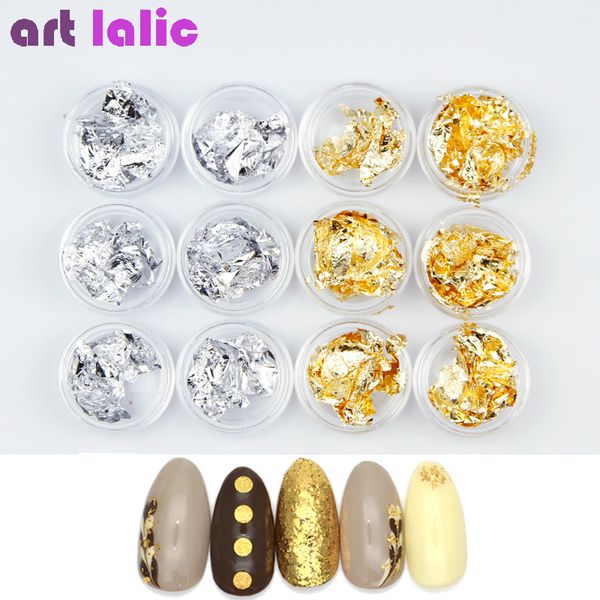 

12boxs/set nail art gold silver polish glitter foil flake chip stickers nail art decoration manicure stickers for, Silver;gold