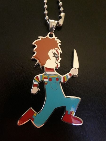 

large juggalo chucky charm 2 1/2 in icp insane clown posse 30" ball necklace stainless steel high polished jewelry accept personality c, Silver