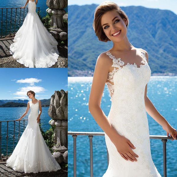 

vintage simple beach spaghetti straps lace mermaid wedding dresses 2018 sheer illusion back sleeveless bridal gowns, White