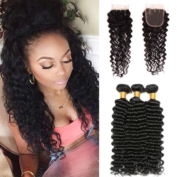 2019 Brazilian Deep Wave Hair Weave 3bundles With Closure 8a Unprocessed Peruvian Malaysian Brazilian Virgin Hair Deep Curly Wavy Hair Extension From