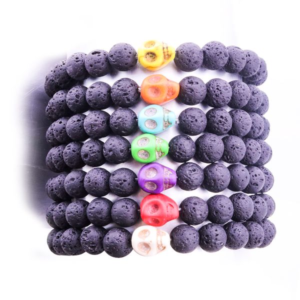 

skull charms 8mm black lava stone beads bracelet essential oil perfume diffuser bracelets stretch yoga jewelry