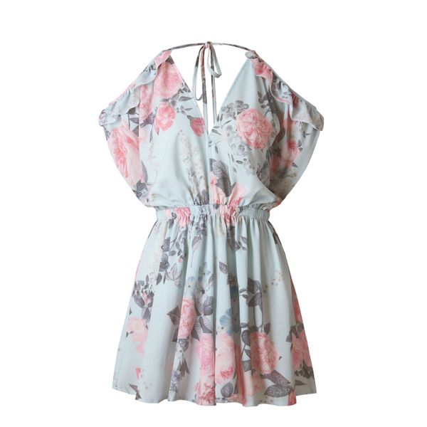 

Ruffle Jumpsuits Off Shoulder Deep V Sexy Women Romper Beach Summer Elegant Sleeveless Floral Print Short Dress