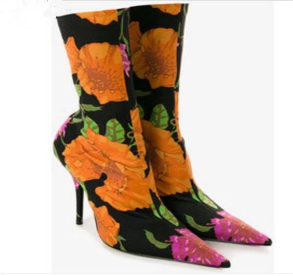 

floral stiletto sock women booties stretch boots women celeb high heels pointed toe ankle boots fashion botas mujer shoes women, Black