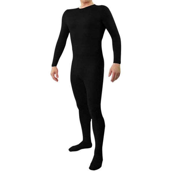 

lzcmsoft crew neck back zip black lycra one piece unitard full bodysuit costume with foot spandex zentai bodysuit no hood