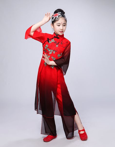 

chinese yangko dress fan dance costume girls classical dance clothes modern performances children's national costume, Black;red