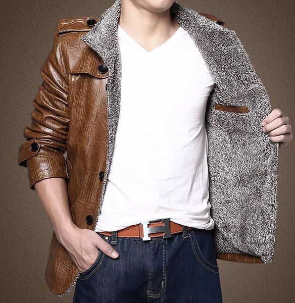 

designer leather jacket new men's winter leather jacket slim mid-length leather plus velvet plus hair on pu, Black
