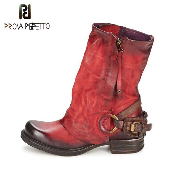 

prova perfetto 2017 winter boots women do old leather inner fur warm bota buckle fashion mid-calf motorcycle boots large size, Black