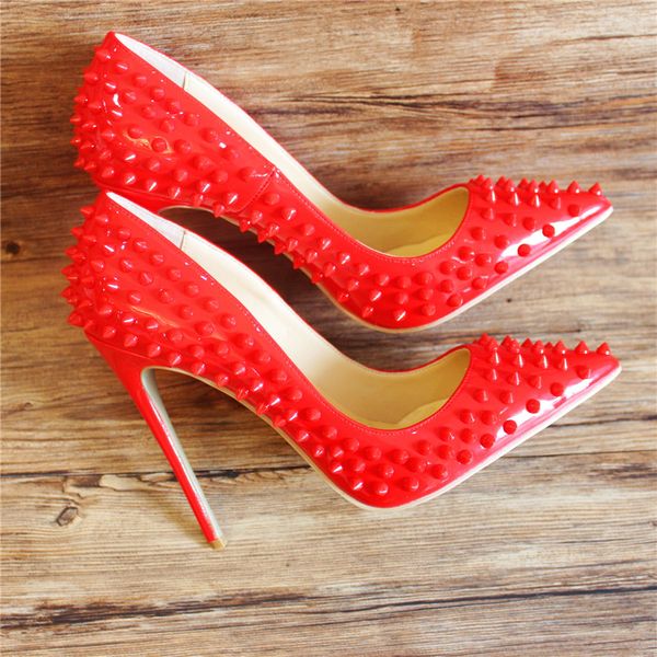 

women lady woman 2019 red patent leather spikes poined toes wedding heels stiletto high heel shoes pumps sole bottom 12cm 10cm, Black