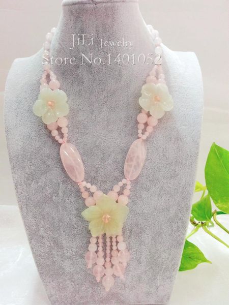 

lii ji natural rose quartz new jade flowers with jade toggle clasp necklace, Silver