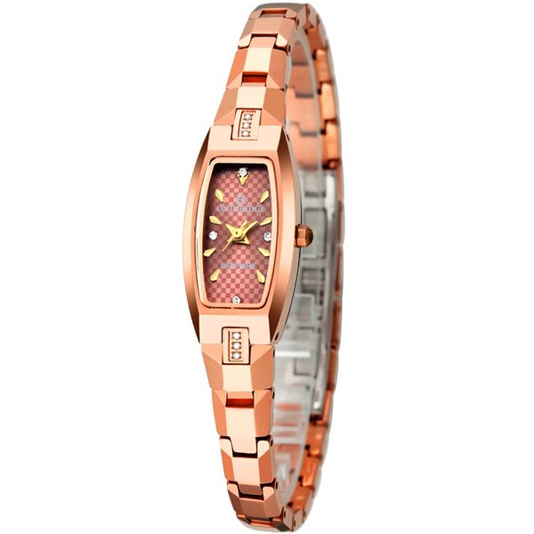 

rose gold color ladies tungsten watch with natural zircons on case super slim fashion bracelet, Slivery;brown