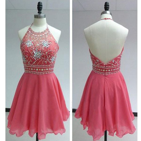 

short coral prom dresses halter sheer neck chiffon rhinestones bead sequin backless real p cocktail homecoming party dress new, Black