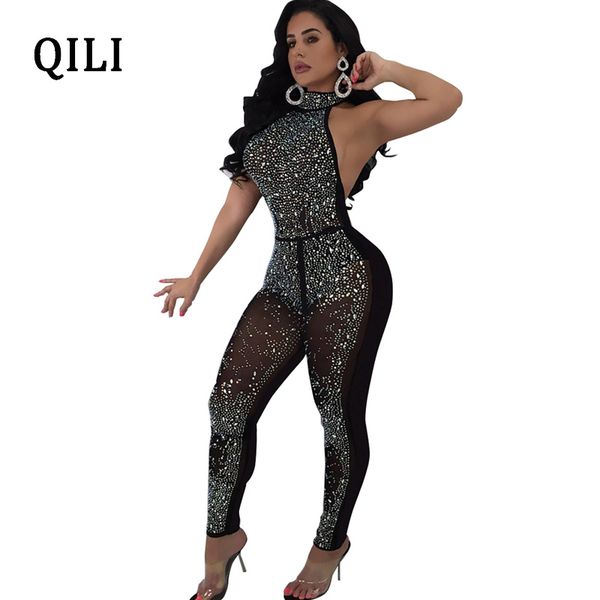 

qili women diamond rhinestone mesh jumpsuits tee through halter sleeveless backless jumpsuit nightclub bodycon jumpsuits, Black;white