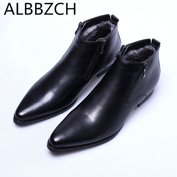 

new mens genuine leather winter snow boots pointed toe warm wool ankle boots men business dress work botas 44, Black