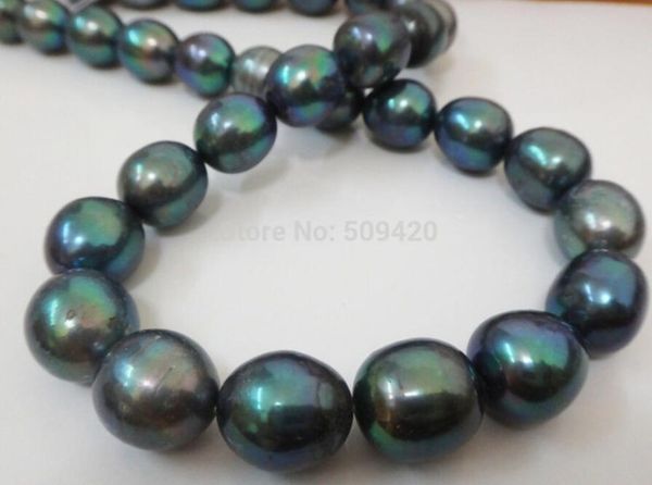 COLLANA DI PERLE OVALI VERDE PAVONE NERO NATURALE TAHITIANO 12MM