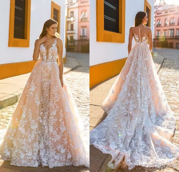 

Modest Champagne Lace Applique Wedding Dress A-Line v neck Court Train Sleeveless Bridal Gown Vestidos De Novia, White