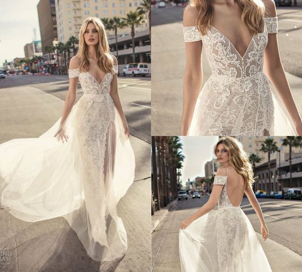 

2019 muse by berta wedding dresses of shoulder lace applique backless a line beach bridal dress side split boho wedding gowns bohemian dress, White