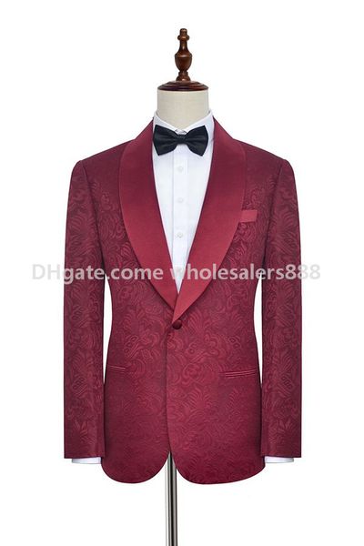 Custom Made Groomsmen Padrão De Vinho Noivo Smoking Smoking Xaile De Cetim Ternos Dos Homens Side Vent Ventilação Casamento / Prom Melhor Homem (Jacket + Pants + Tie) K979