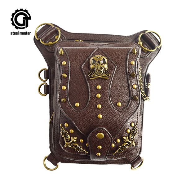

men's 2018 fashion steel master mini pocket tote steampunk pu leather shoulder bag hip thigh bag brown wallet