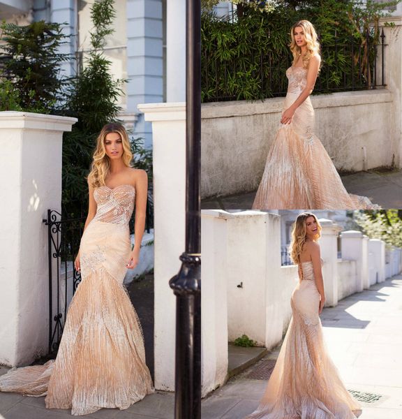 

2019 русалка свадебные платья milla nova шампанское милая развертки поезд серебряные бусины sexy beach свадебное платье плюс размер robe de, White