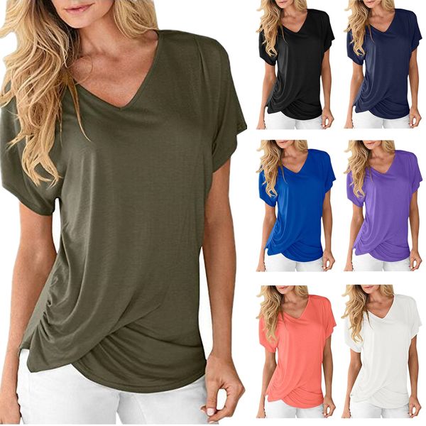 

lady's women's solid color v-collar loose and comfortable pleated t-shirt casual clothes, White