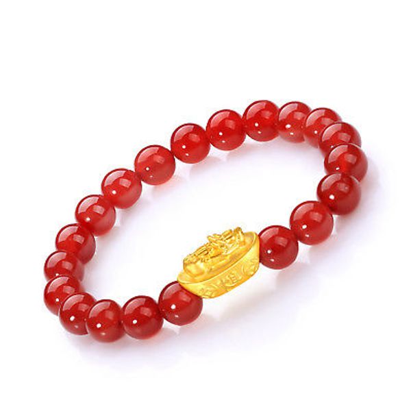 

fine real 999 24k yellow gold red agate women 3d pixiu bead bracelet 1-1.3g, Golden;silver