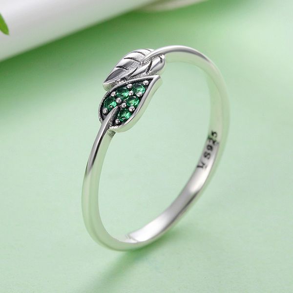 

shiqier s925 925 sterling silver dancing leaves leaf green dazzling zircon finger rings for lady engagement jewellery gift, Golden;silver