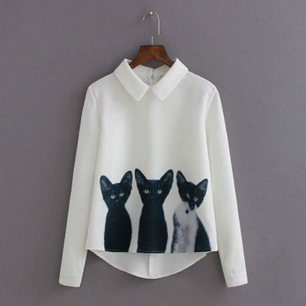 

2016 new fashion women cat animal long sleeve dress shirt casual blouse, Tan;black