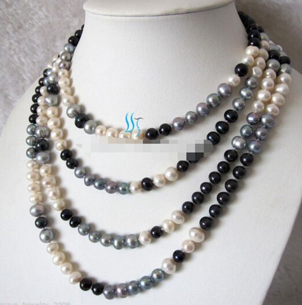 

11mm multi color freshwater pearl necklace white gray black 100'', Silver