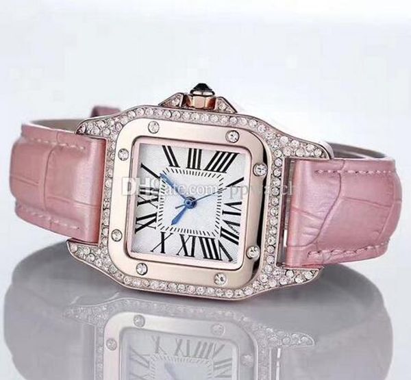 

2017 fashion watches women men watch square diamonds bezel leather strap brand quartz wristwatches for men lady gift, Slivery;brown