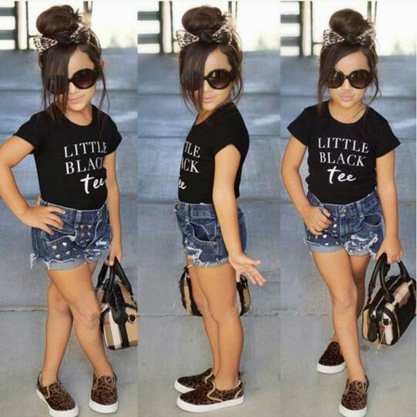 

baby girl clothes 2018 summer girls clothing sets letter black t-shirt tee + denim shorts 2pcs children clothing sets kids clothes 1-6 years, White