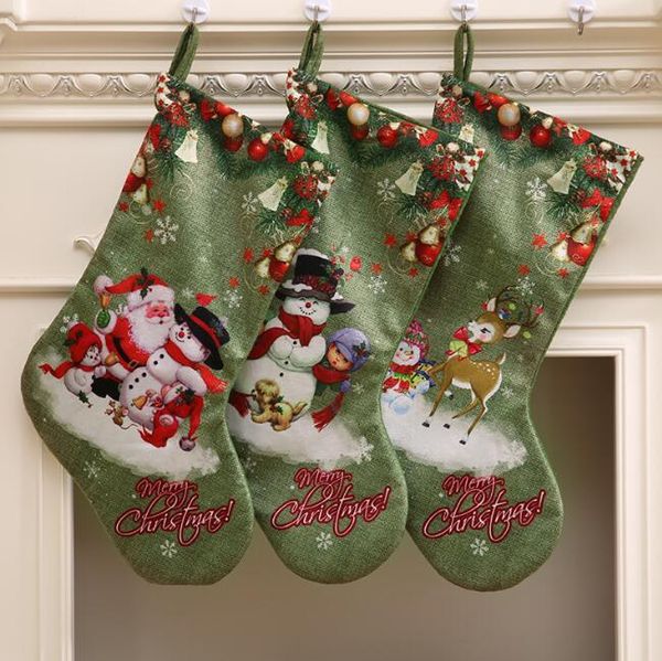 

big size christmas stockings green color printing 3 patterns candy gift christmas socks decor drop ornaments