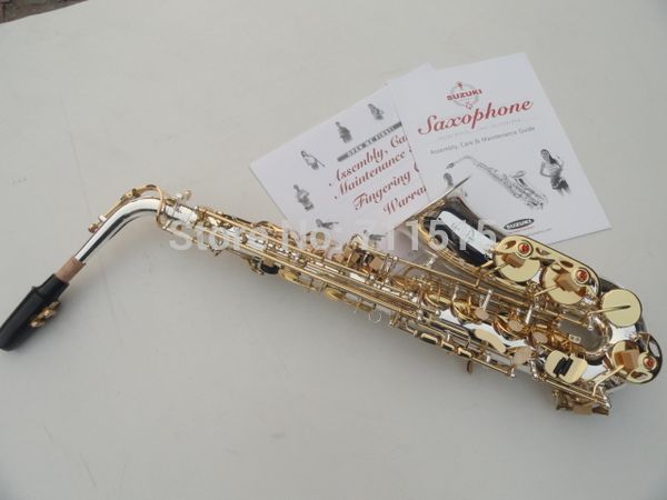 Neuankömmling Musikinstrument Suzuki Alto Eb Tune Saxophon Professionelles B Flat Messing versilberter Körper Goldlack Schlüssel mit Zubehör