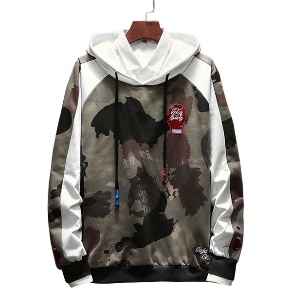 

осень новое прибытие мужская лоскутное толстовки повседневная лоскутное камуфляж пуловеры мужская одежда тенденция мужские толстовки с капюш, Black