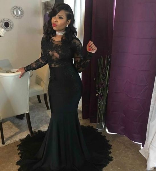 

illusion lace mermaid prom dresses black lace graduation party gowns sheer evening dresses long sleeve african vestido de festa longo