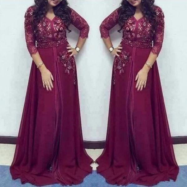 

Saudi Arabic Lace V Neck prom Dresses Long Sleeves Chiffon A Line Women Evening Gowns Floor Length Zipper Back evening wear gowns