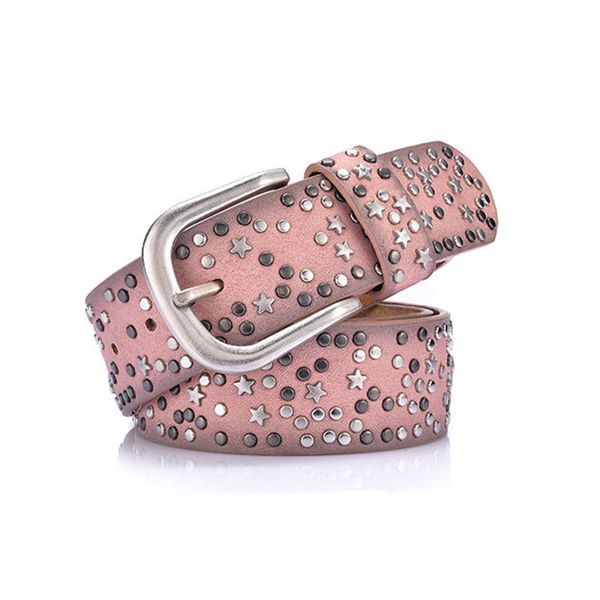 

pink leather belt female split leather pu rivet inlay stars belt for women wild jeans fashion buckle waist women belts, Black;brown