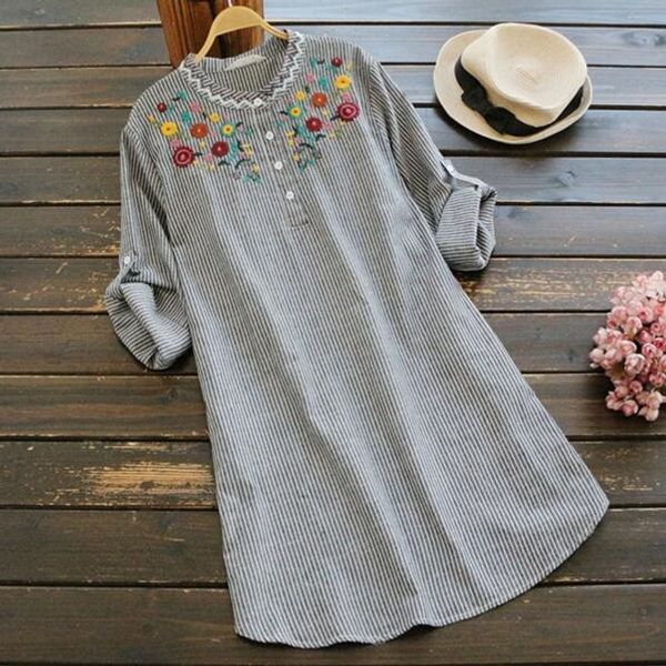 

2018 autumn new women striped stand collar long sleeve floral embroidery cotton linen blouse mori girl shirt dw720, White