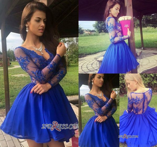 

royal blue 2018 homecoming dresses lace appliques long sleeve v neck short dress party wear prom dress a line plus size evening gowns, Blue;pink