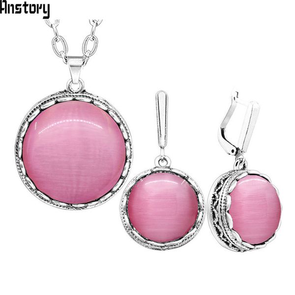 

flower pendant round opal necklace earrings jewelry sets for women antique silver plated stainless steel chain fashion jewelry