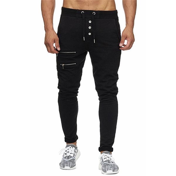 

2018 new fashion men button drawstring pants fake zipper men full length pants elastic waist men's trousers joggers, Black