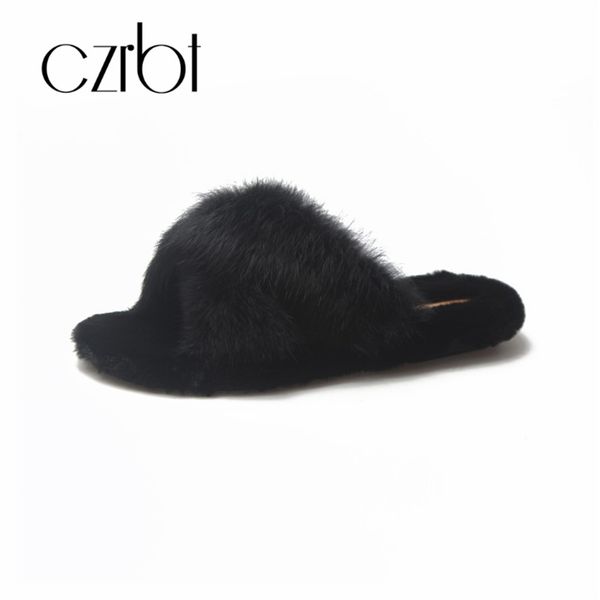 

czrbt 2018 new winter indoor slippers fur plush wool comfortable breathable fashion slippers casual elegance shoes for women, Black
