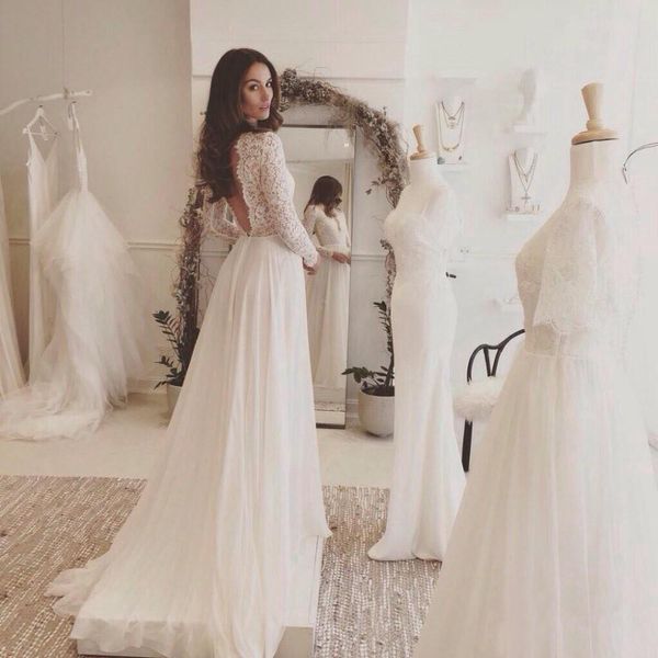 

2017 Charming Lace Chiffon Beach Wedding Dresses Long Sleeve Sweep Train Backless Country Bridal Gown Deep V Neck Custom Wedding Party Dress