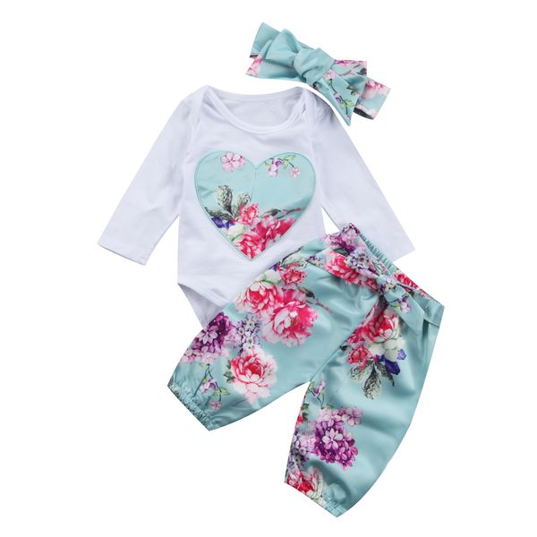 

newborn infant kid baby girl floral clothes jumpsuit romper bodysuit pants headband cute outfit 3pcs set 0-24m, White