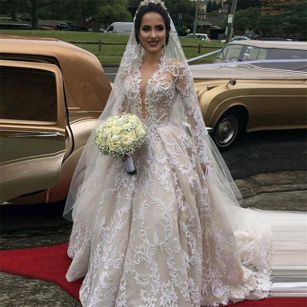 

vintage long sleeves wedding dresses with deep v neck appliques lace embroidery count train backless wedding dress custom made bridal gowns, White