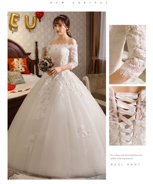 

real p new fashion lace 3d flowers half sleeve boat neck wedding dress 2018 korean style bride gown vestido de noiva, White