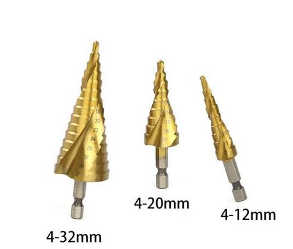 Marka Yeni 3 Adet / takım Hex Shank Spiral Flüt Adım Matkap Ucu Pagoda Matkap Uçları Merdiven Matkap El Aletleri 4-12 / 4-20 / 4-32