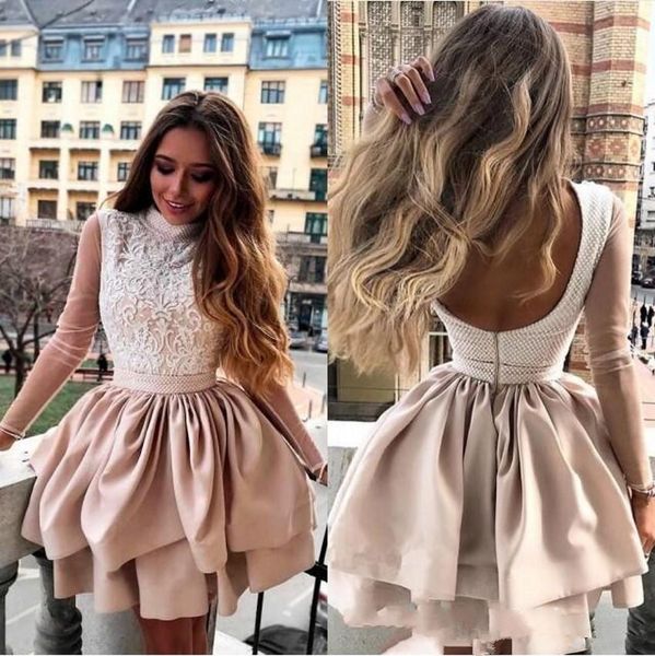 

lovely pink a line short prom homecoming dresses hight neck long sleeves zipper short mini length party cocktail dresses, Blue;pink