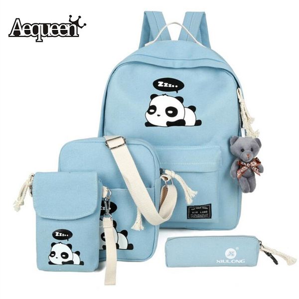 

aequeen fashion canvas backpack set schoolbags for girl teenagers cute panda printing bookbag children travel bags rucksack 4pcs